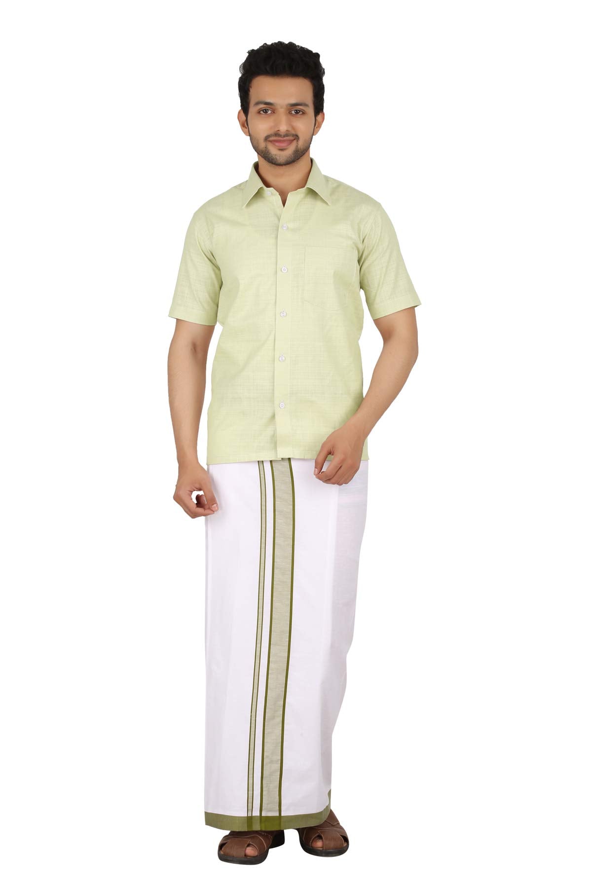 Prakasam Cotton Mens Welcro Pocket With Mild Green Border Dhoti/Fancy Border Dhoti/Welcro Pocket Mundu/White Dhoti With Pocket (