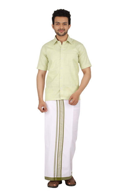 Prakasam Cotton Mens Welcro Pocket With Mild Green Border Dhoti/Fancy Border Dhoti/Welcro Pocket Mundu/White Dhoti With Pocket (