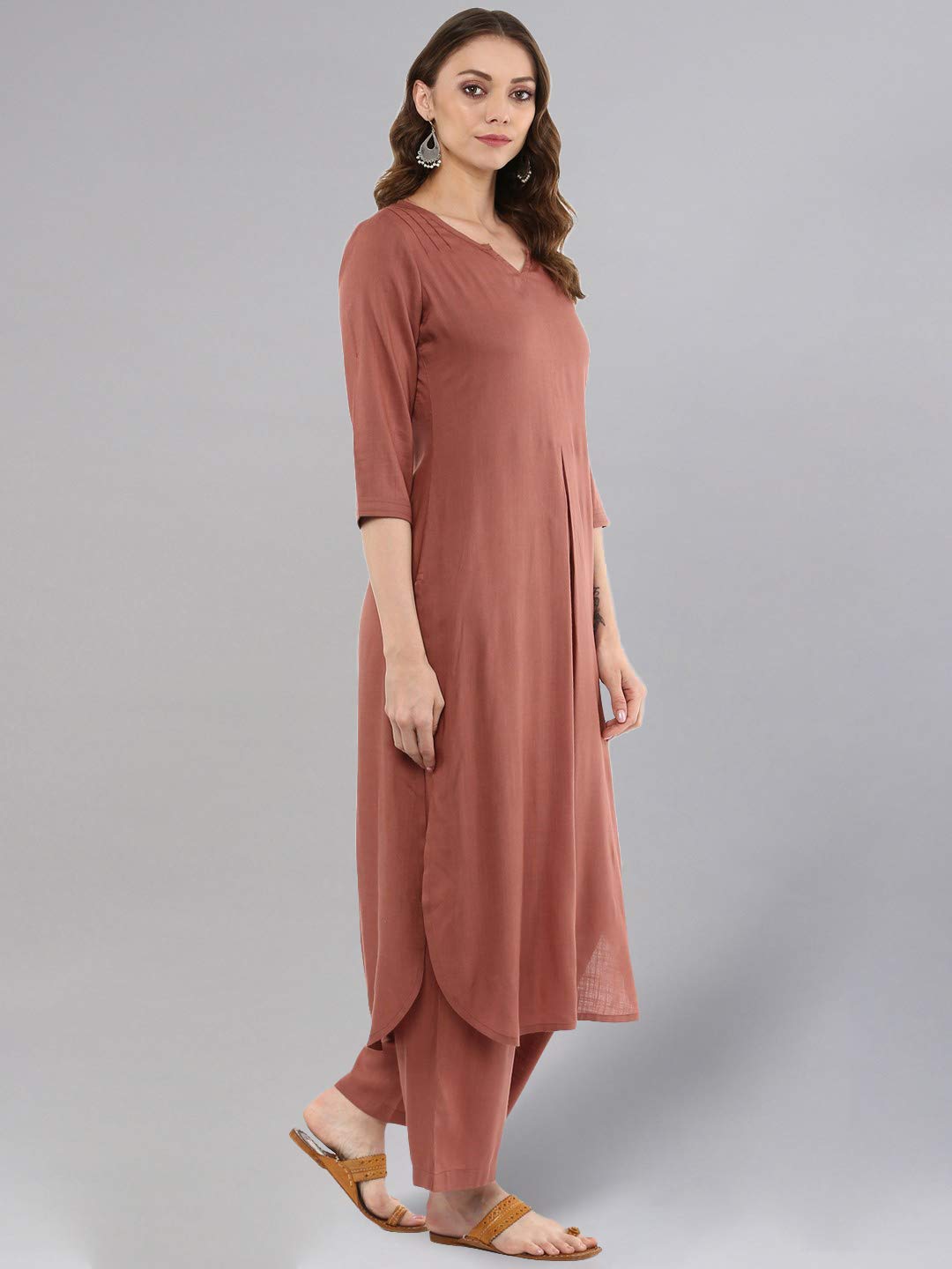 idaLia Rayon Solid Straight Brown Kurta Set for Women with Palazzo 3/4 Sleeve, Round V Neck Designer Kurta with Palazzo Pant Set