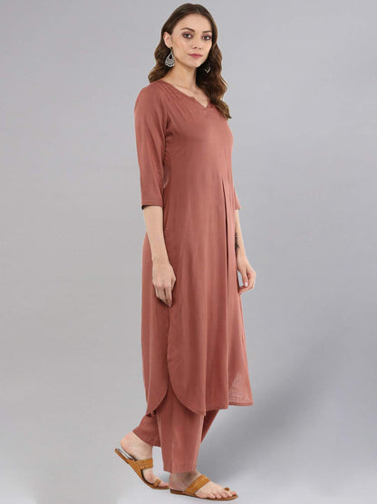 idaLia Rayon Solid Straight Brown Kurta Set for Women with Palazzo 3/4 Sleeve, Round V Neck Designer Kurta with Palazzo Pant Set