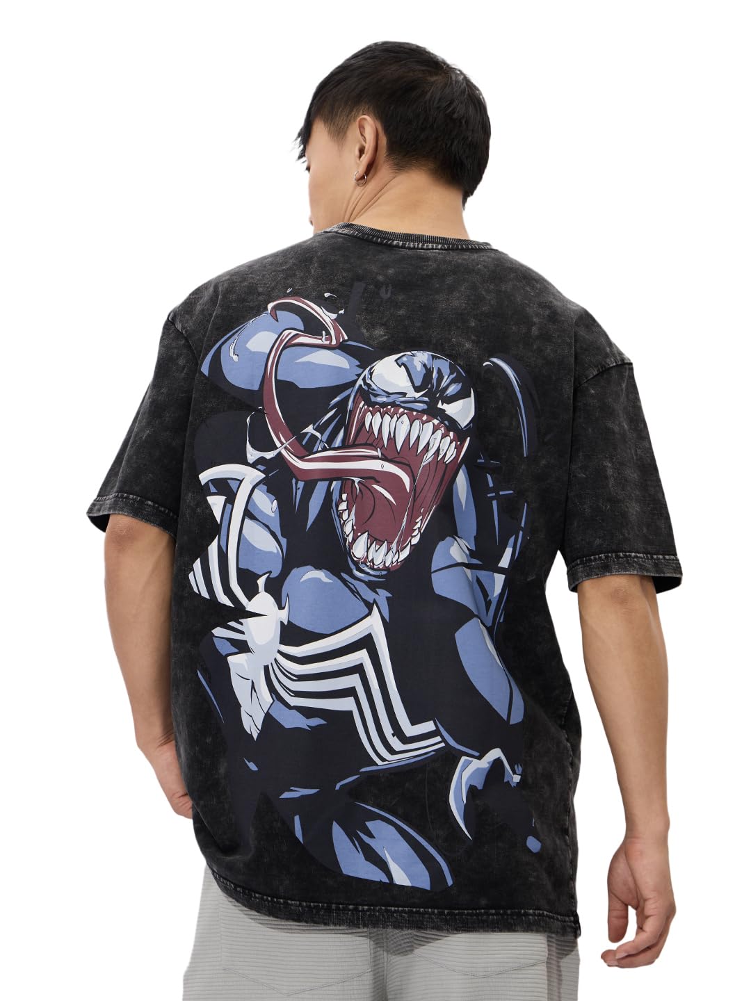 The Souled Store Official Venom : Tattered Mens and Boys Oversize Fit Half Sleeves Cotton T-Shirt Black