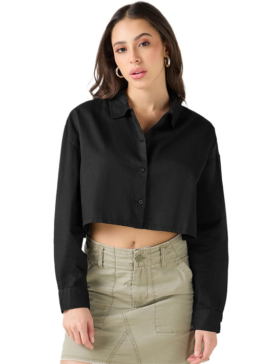 Bewakoof WomenS Solid Oversized Fit Full Sleeve Collar Cotton Blend Crop Shirt_617279_Black_M