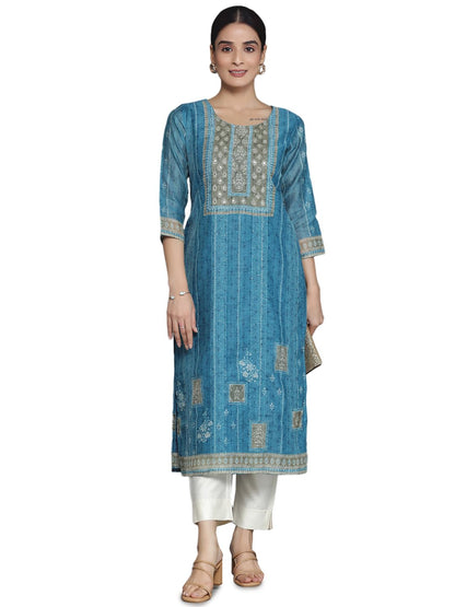Libas WomenS Chanderi Silk Embellished Straight Kurta (37043_Blue