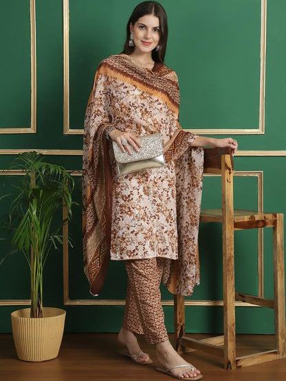 Pinkmint Straight Cotton Printed Kurta And Pant Set With Fancy Dupatta 3 Piece Suit Set Festival