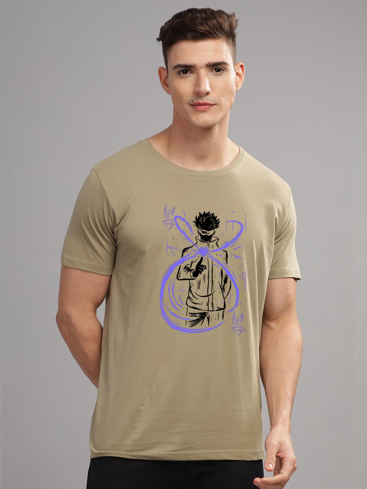 ADRO Mens Anime T Shirt - Premium Cotton Anime Gojo Tshirt - Perfect for Anime Fans Print and Comfortable Fit Beige T-Shirt|RN24