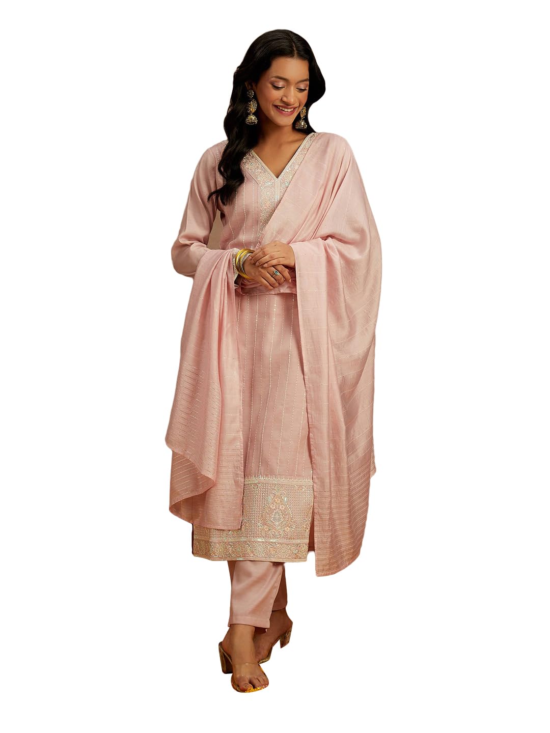 Libas Womens Embroidered Silk Straight Kurta With Trousers And Dupatta