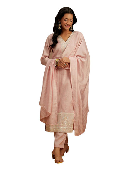 Libas Womens Embroidered Silk Straight Kurta With Trousers And Dupatta