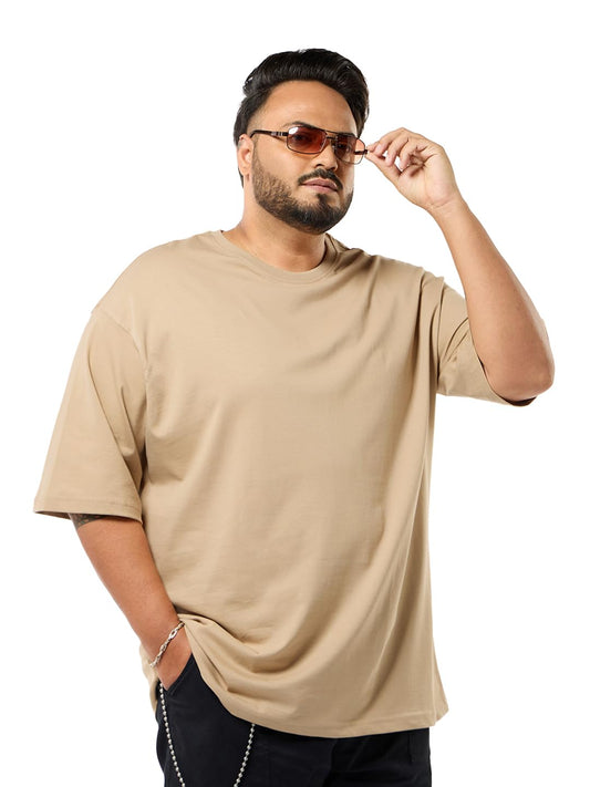 Bewakoof Mens Solid Oversized Fit Half Sleeve Round Neck Cotton Plus Size T-Shirt_565996_Brown_6XL