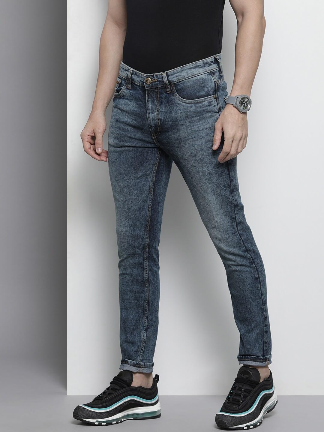 The Indian Garage Co Men Slim Fit Badges Mid-Rise Stretchable Jeans Blue