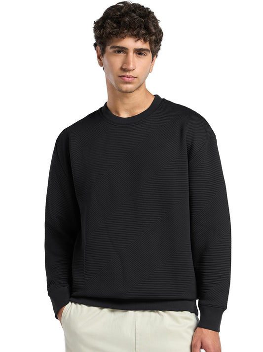 Bewakoof Mens Textured Oversized Fit Full Sleeve Round Neck Poly Spandex Sweatshirt_687496_Black_S