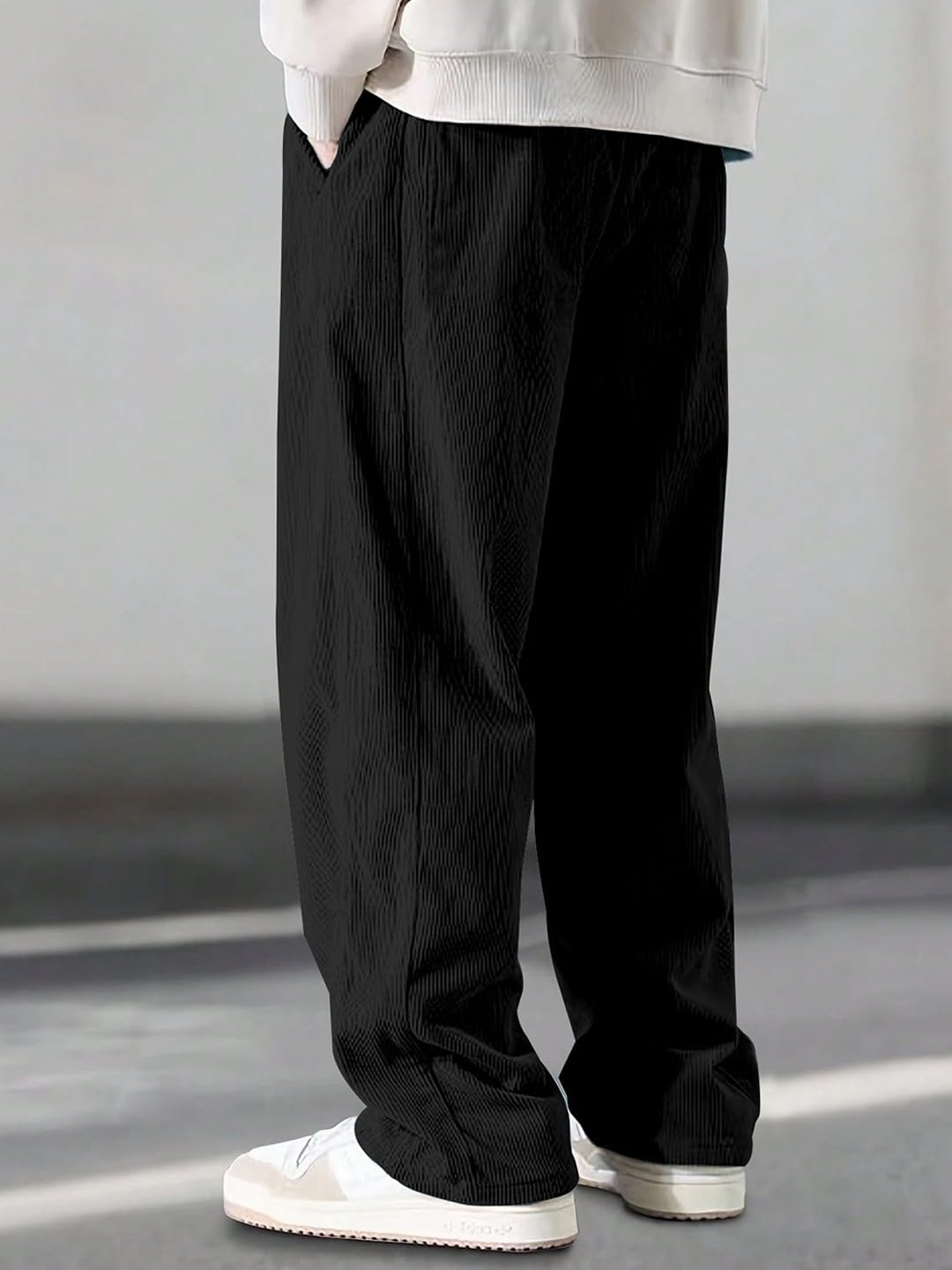 Preneum Men Mid Rise Poly Cotton Loose Fit Trouser || Korean Style Travel & Lounge Wear with Pockets||Black & Off White & Beige|