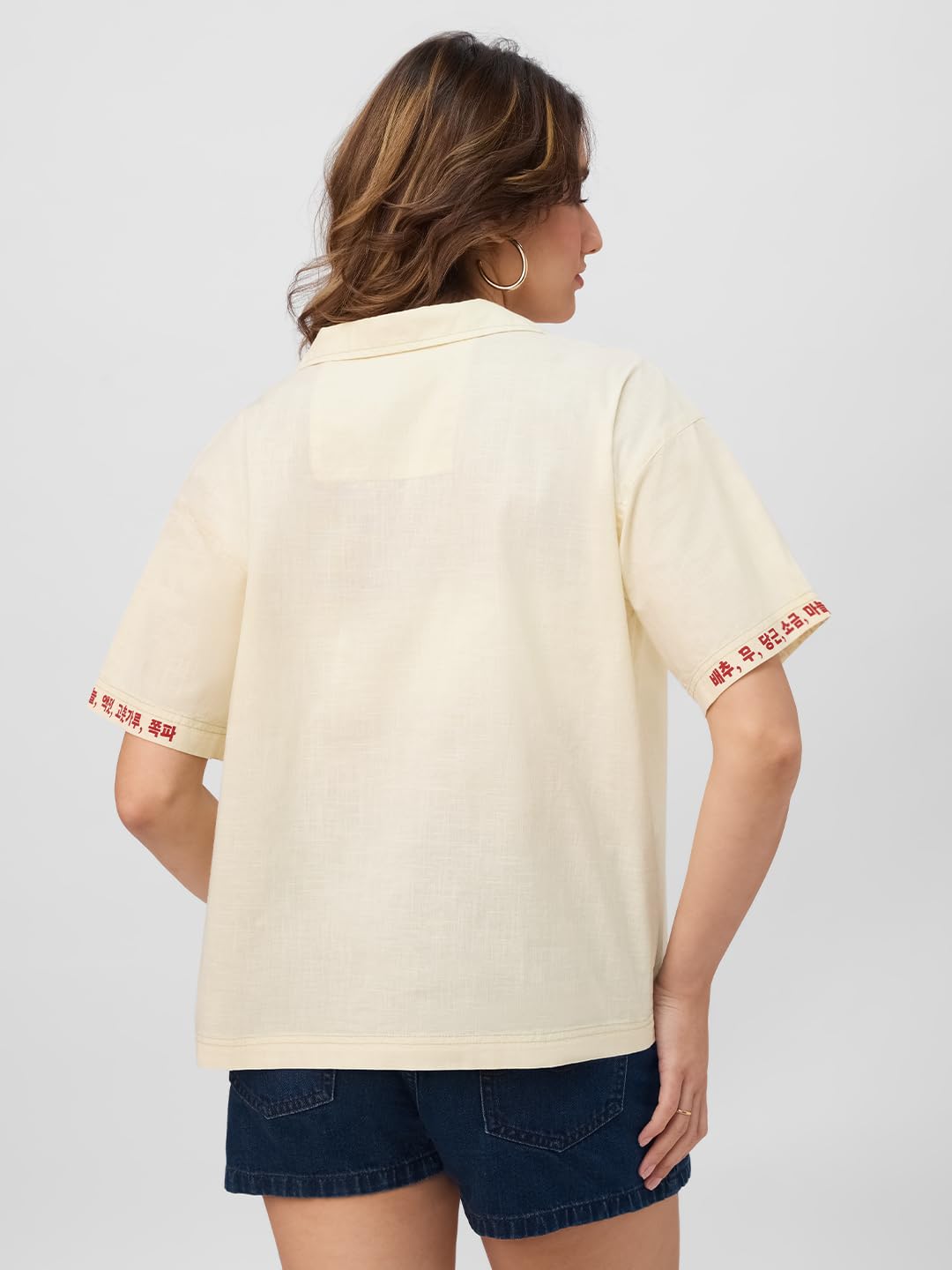 The Souled Store Cotton Linen Shirt: Kimchi Women and Girls Short Sleeves Spread Collar Graphic Printed Cotton Linen Blend Overs