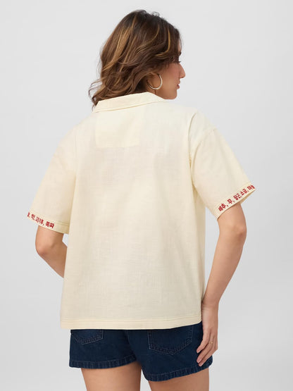 The Souled Store Cotton Linen Shirt: Kimchi Women and Girls Short Sleeves Spread Collar Graphic Printed Cotton Linen Blend Overs