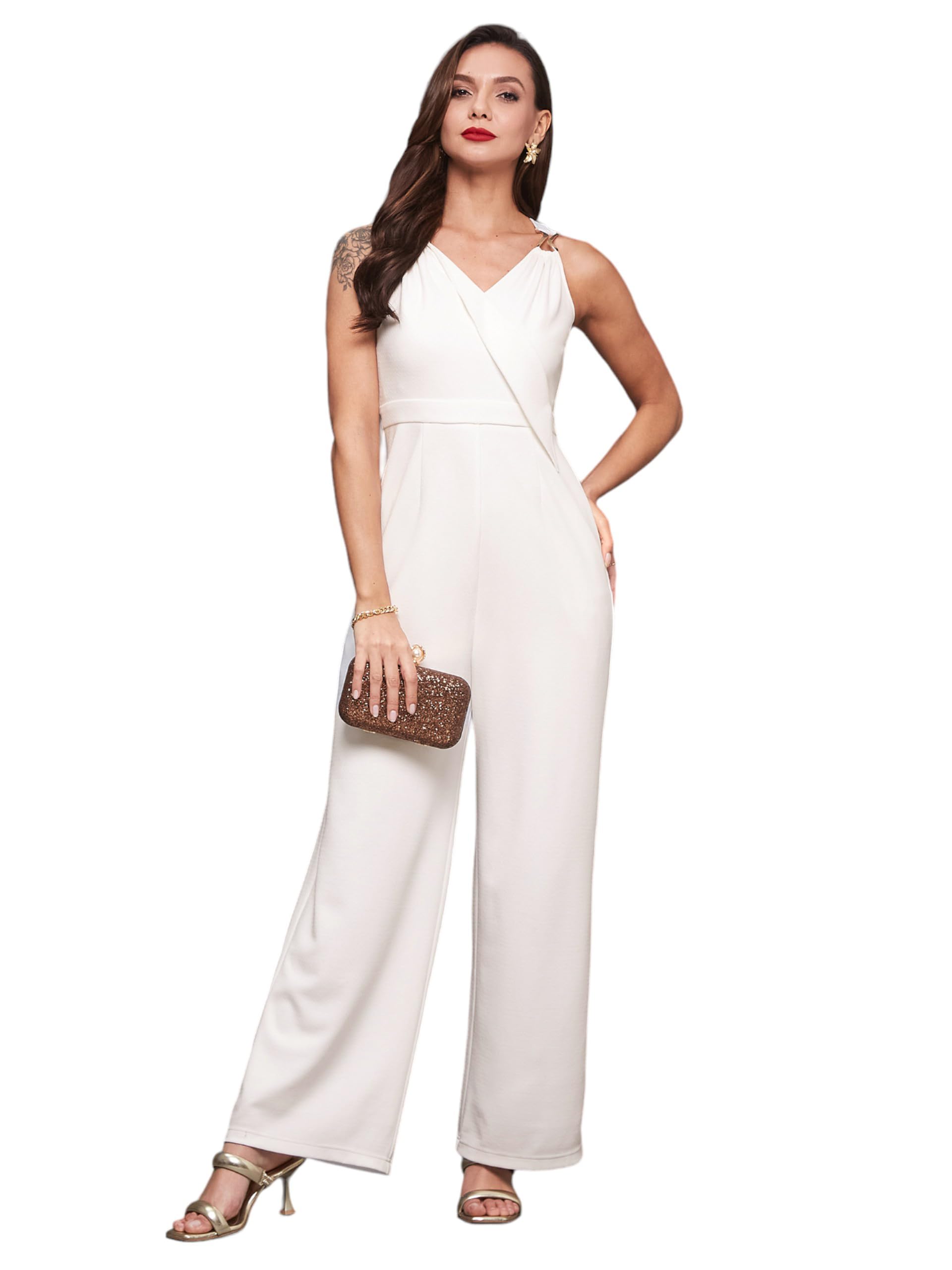 Miss Chase WomenS V-Neck Sleeveless Solid Wrap Jumpsuit With Pockets (Mcss24D19-34-114-06, Off-White, Xl)