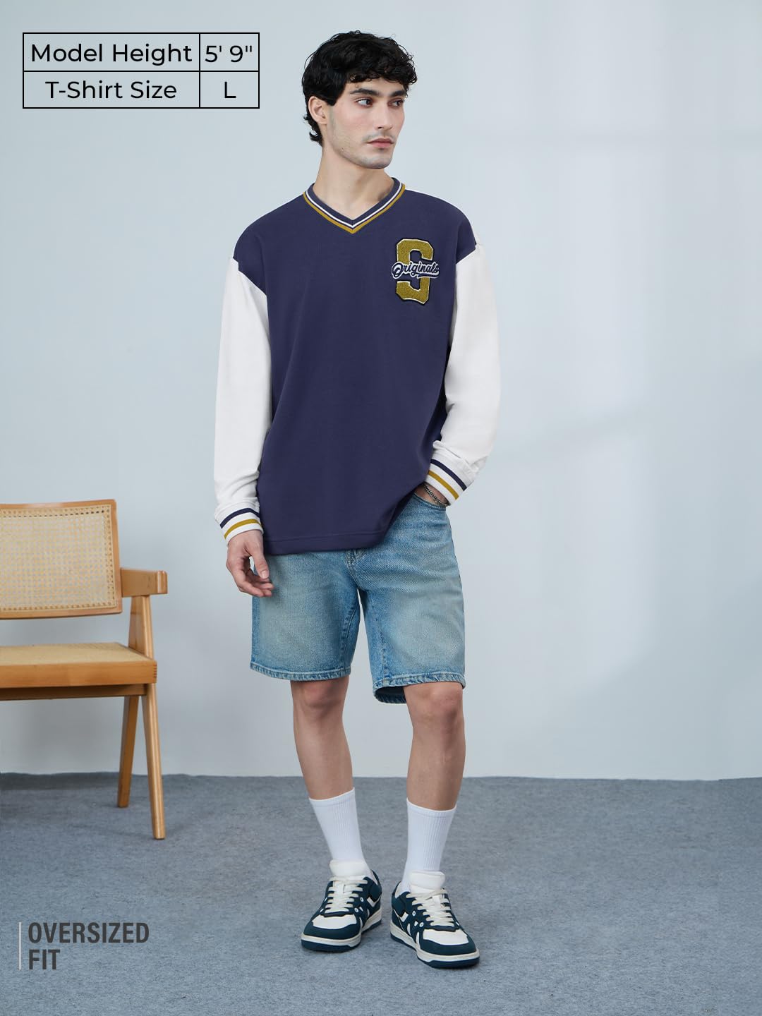 The Souled Store Varsity Style: Blue League Men and Boys Full Sleeves Round Neck Navy Blue and Off White Embroidered Cotton Over