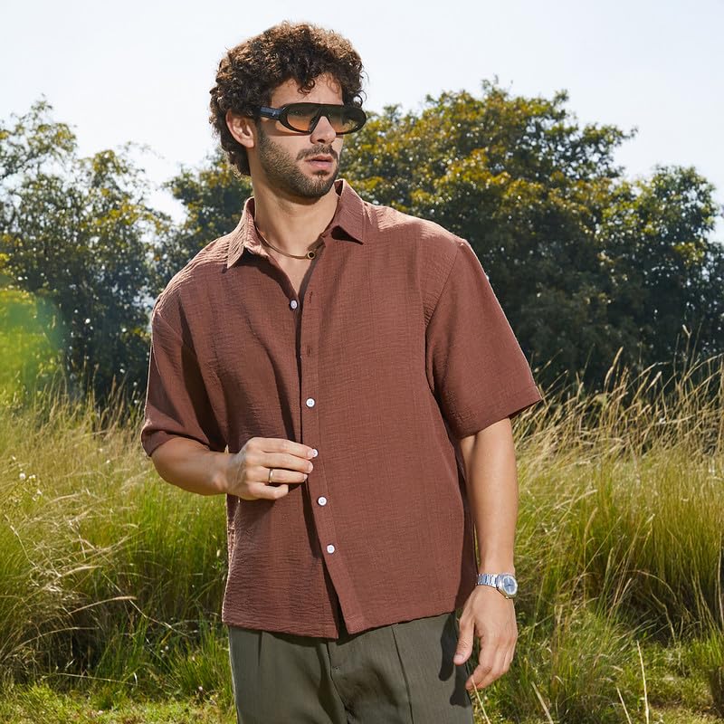 Campus Sutra Mens Sienna Brown Breezy Oversized Shirt for Casual Wear | Spread Collar | Short Regular Sleeves | Button Closure