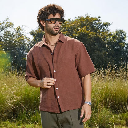 Campus Sutra Mens Sienna Brown Breezy Oversized Shirt for Casual Wear | Spread Collar | Short Regular Sleeves | Button Closure