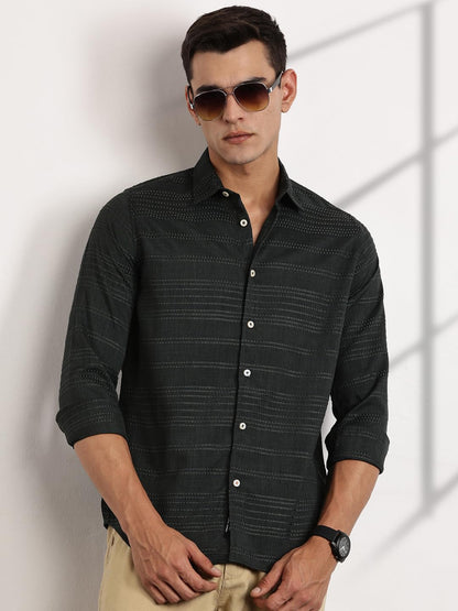 Thomas Scott Long Sleeve Embroderied Casual Shirt for Men Olive