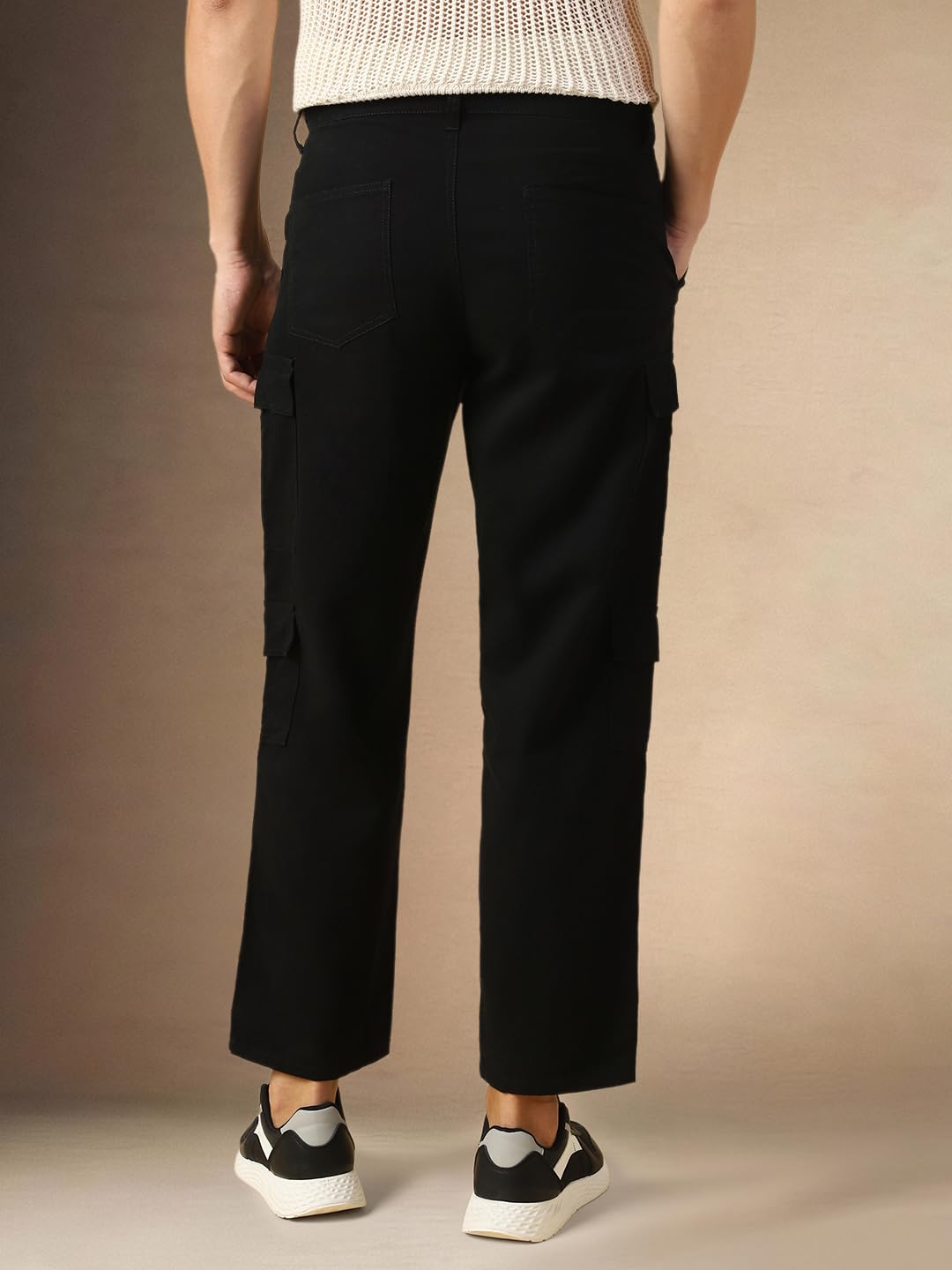 Dennis Lingo Mens Black Solid Cotton Loose Fit Cargo Trouser