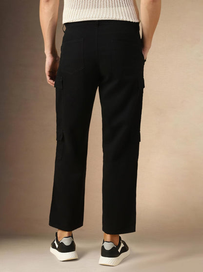 Dennis Lingo Mens Black Solid Cotton Loose Fit Cargo Trouser