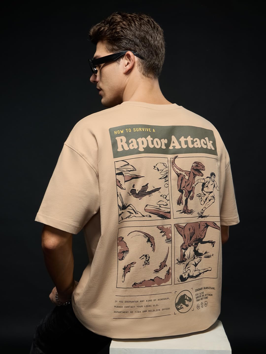 The Souled Store Jurassic Park: Dino Fossil Men and Boys Short Sleeves Round Neck Graphic Printed Cotton Heavy Gauge Casual Stre