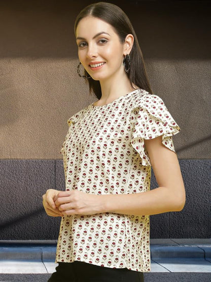 Pinkmint Womens Printed Combo Tops ll Regular Fit Ruffle Trim Petal Sleeve ll Fancy Girls Top (Pack of 3)