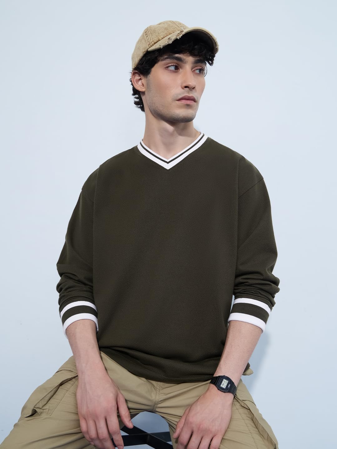 The Souled Store Originals: Olive Green Men and Boys Three-Quarter Sleeves V Neck Solid Cotton Blend Oversized T-Shirts