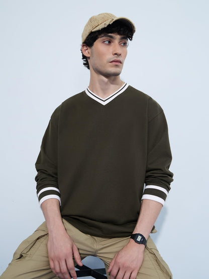 The Souled Store Originals: Olive Green Men and Boys Three-Quarter Sleeves V Neck Solid Cotton Blend Oversized T-Shirts