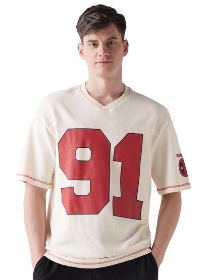 Bewakoof Heavy Duty 1.0 Official Marvel Merchandise Deadpool Men Textured Oversized Fit Half Sleeve V-Neck Blended T-Shirt_64868