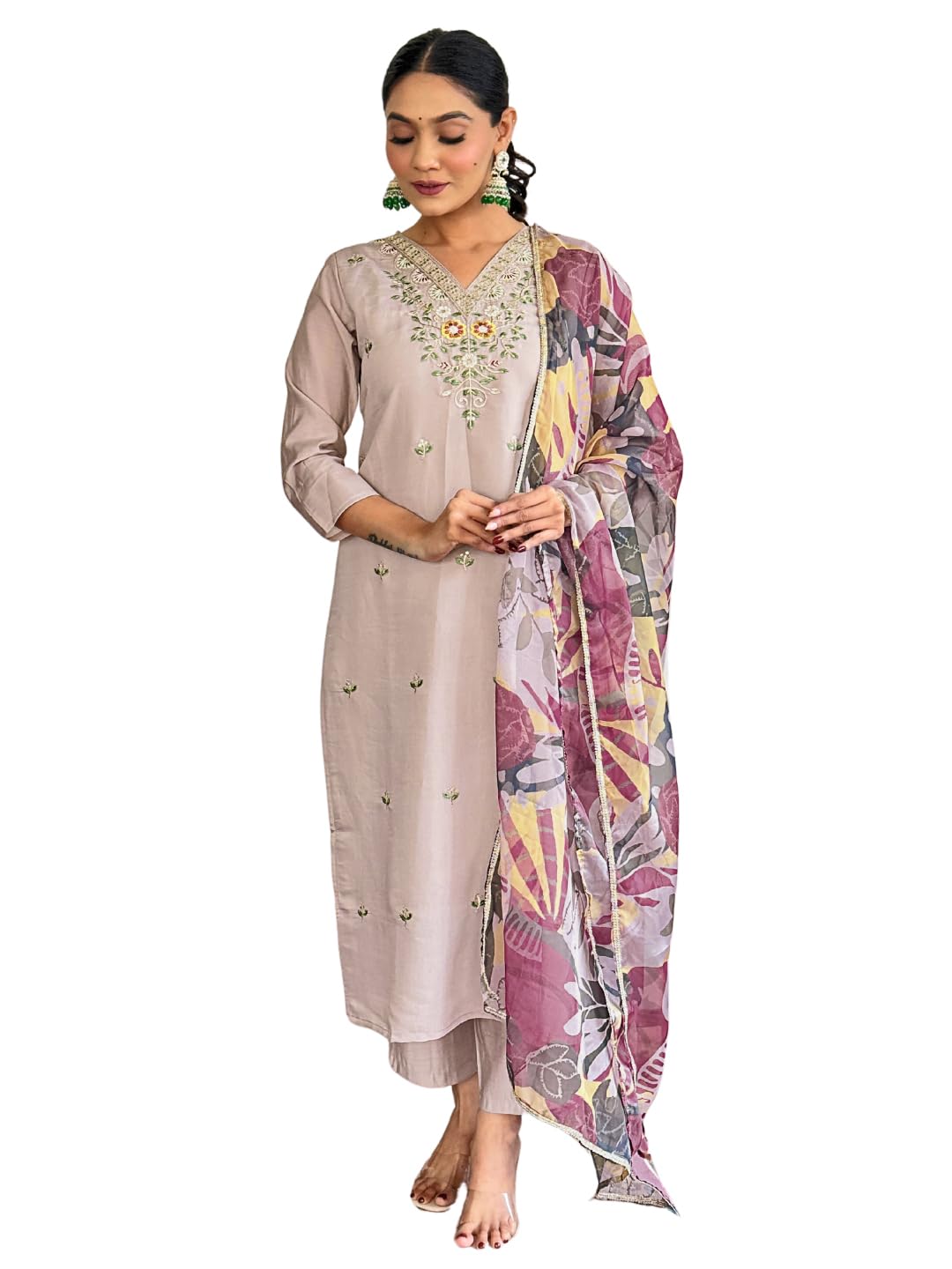 Naixa WomenS Beige Chanderi With Cotton Lining Embroidered Straight Kurta With Chanderi Pant And Taby Printed Dupatta Sets (Nx-