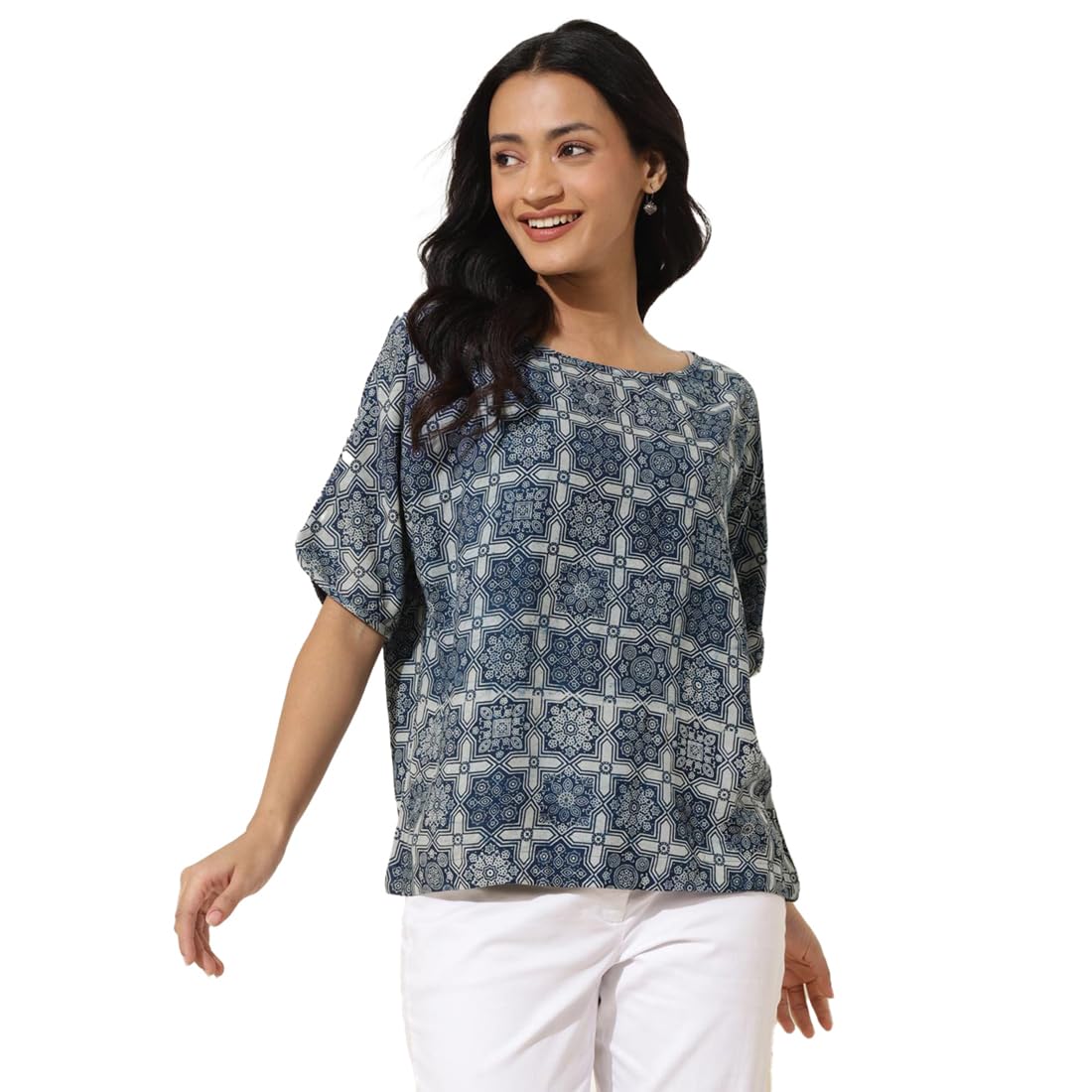 Fabindia WomenS Printed Regular Fit Tops (1037454Blue_Blue
