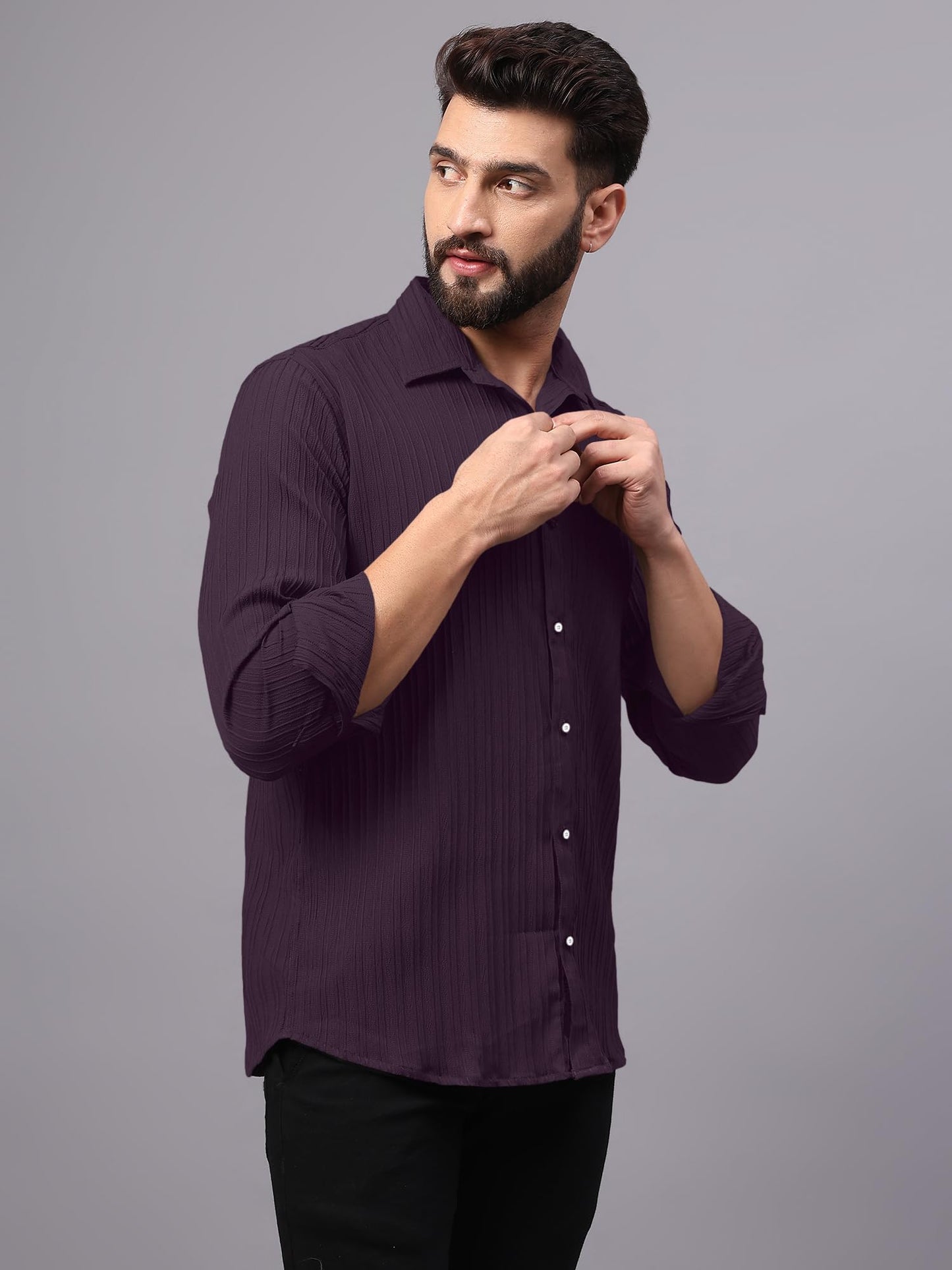 Finivo Fashion MenS Casual Button Down Shirts Long Sleeve Linen Shirt Fashion Textured Beach Summer Shirts Purple