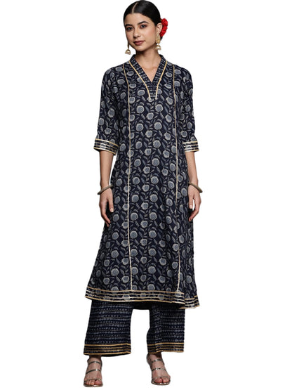 Libas Blue Printed Rayon A-Line Kurta