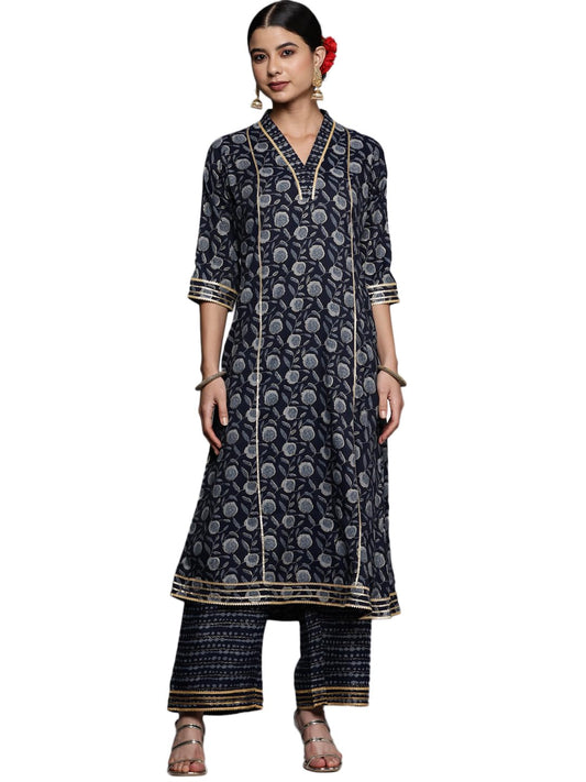 Libas Blue Printed Rayon A-Line Kurta