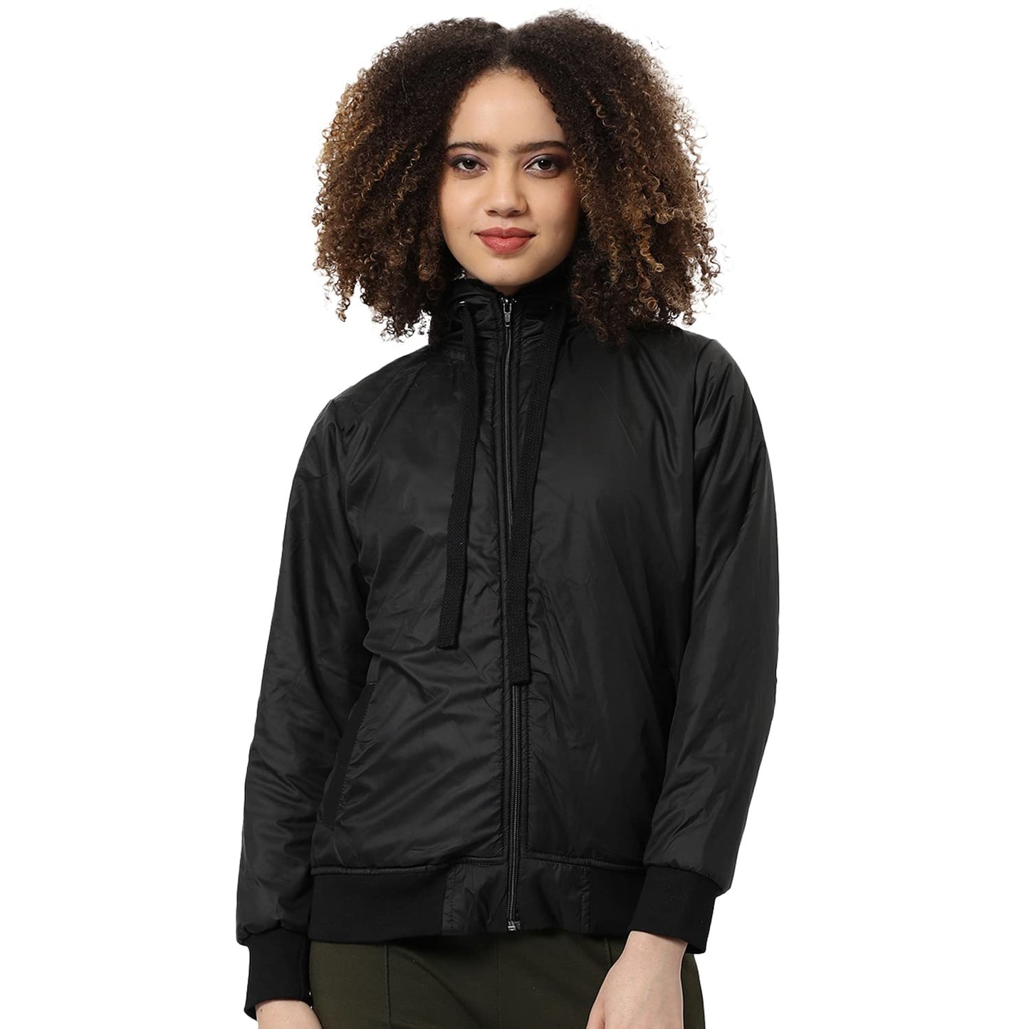 Campus Sutra Women Black Puffer Regular Fit Bomber Jacket For Winter Wear | Standing Collar | Full Sleeve | Zipper | Casual Jack