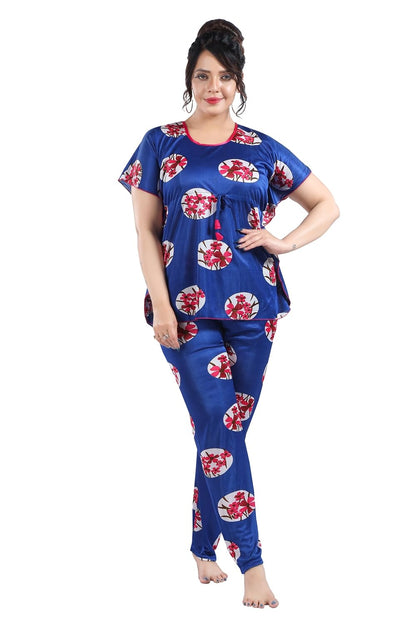 Fabme WomenS Satin Blue Kaftan Top & Pyjama Set