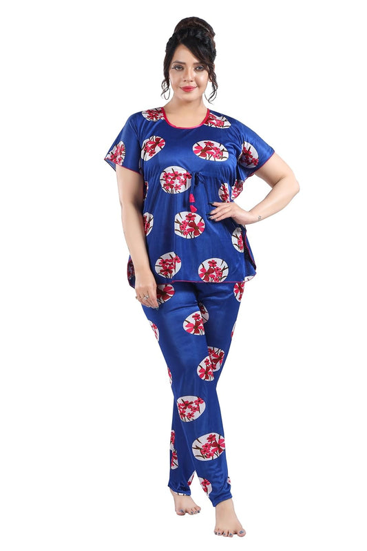 Fabme WomenS Satin Blue Kaftan Top & Pyjama Set