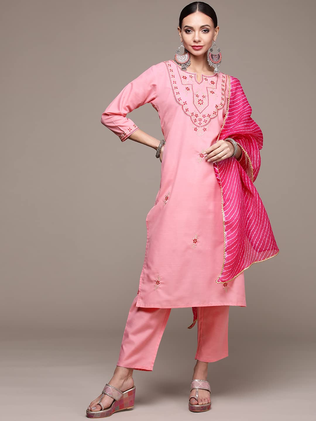 anubhutee Women's Pink Yoke Floral Embroidered Kurta set with Trousers and Dupatta