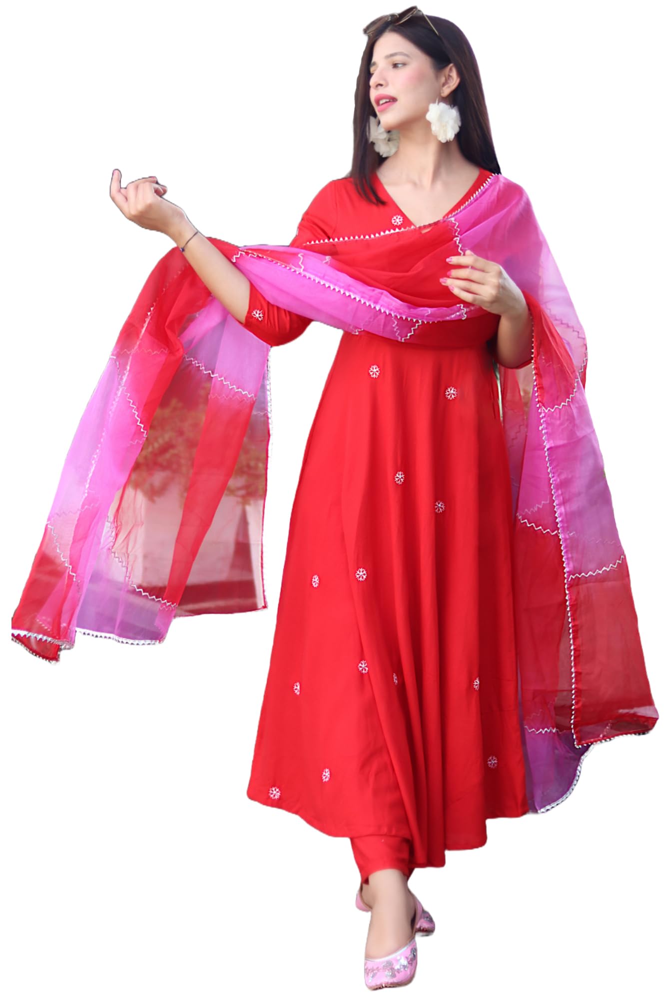 Gosriki WomenS Cotton Blend Anarkali Embroidered Kurta With Pant & Dupatta (Gsk-Red-Gs_M_Red_Medium)