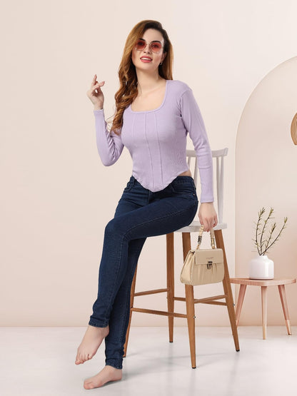Fabme WomenS Full Sleeves, Square Neck Stylish Rib Crop Top - Lavender