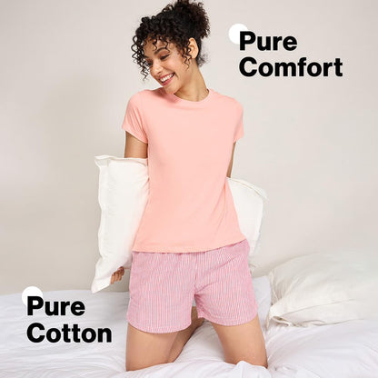 NYKD (NYS914 Striped Pure Cotton Shorts for Women | Relaxed Fit with Non Slip Elasticated Waistband, Adjustable Drawcord & 2 Sid