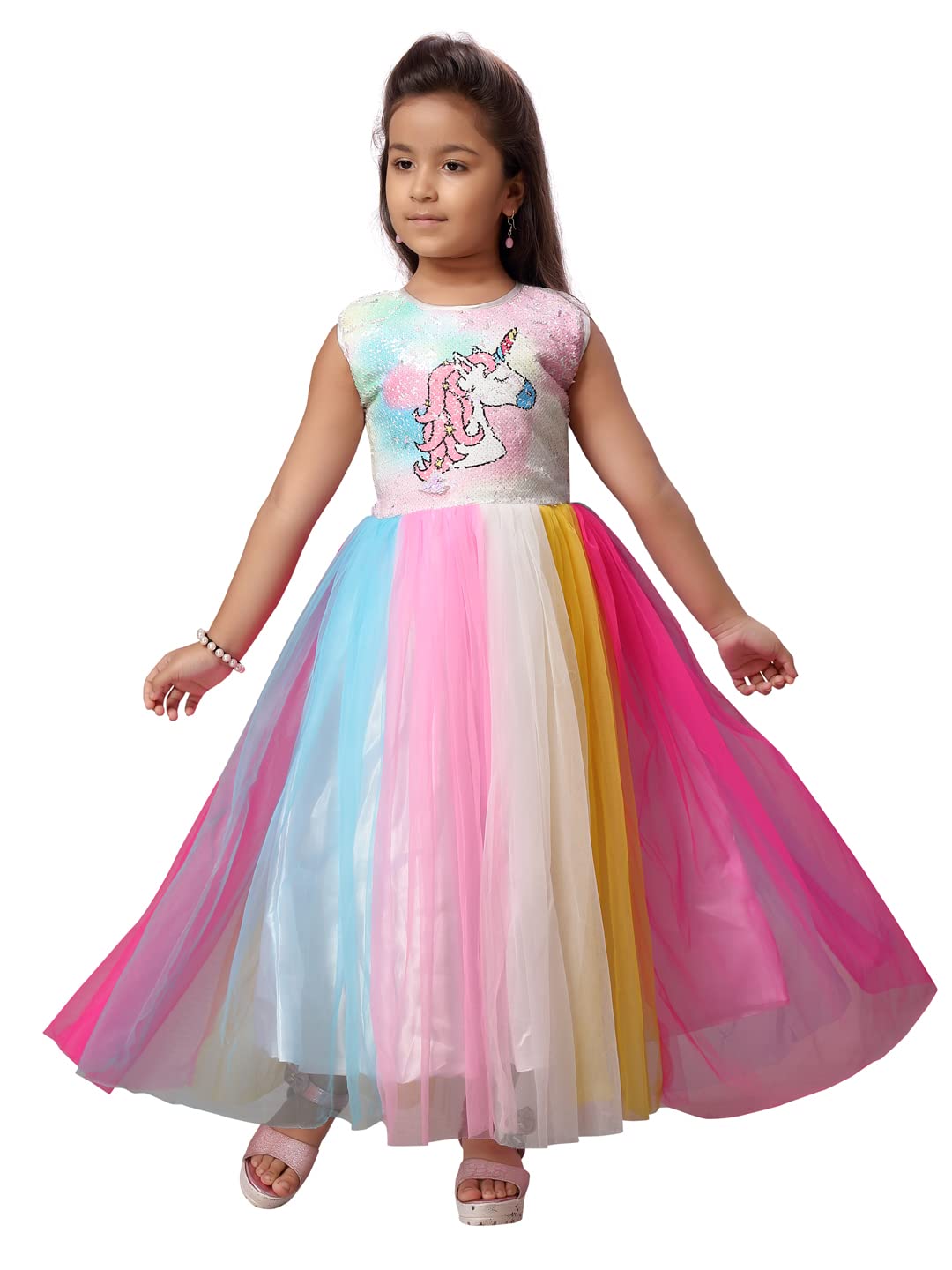 Aarika Girls Nylon A-Line Maxi Dress (NG-3010_Multi Multicolour