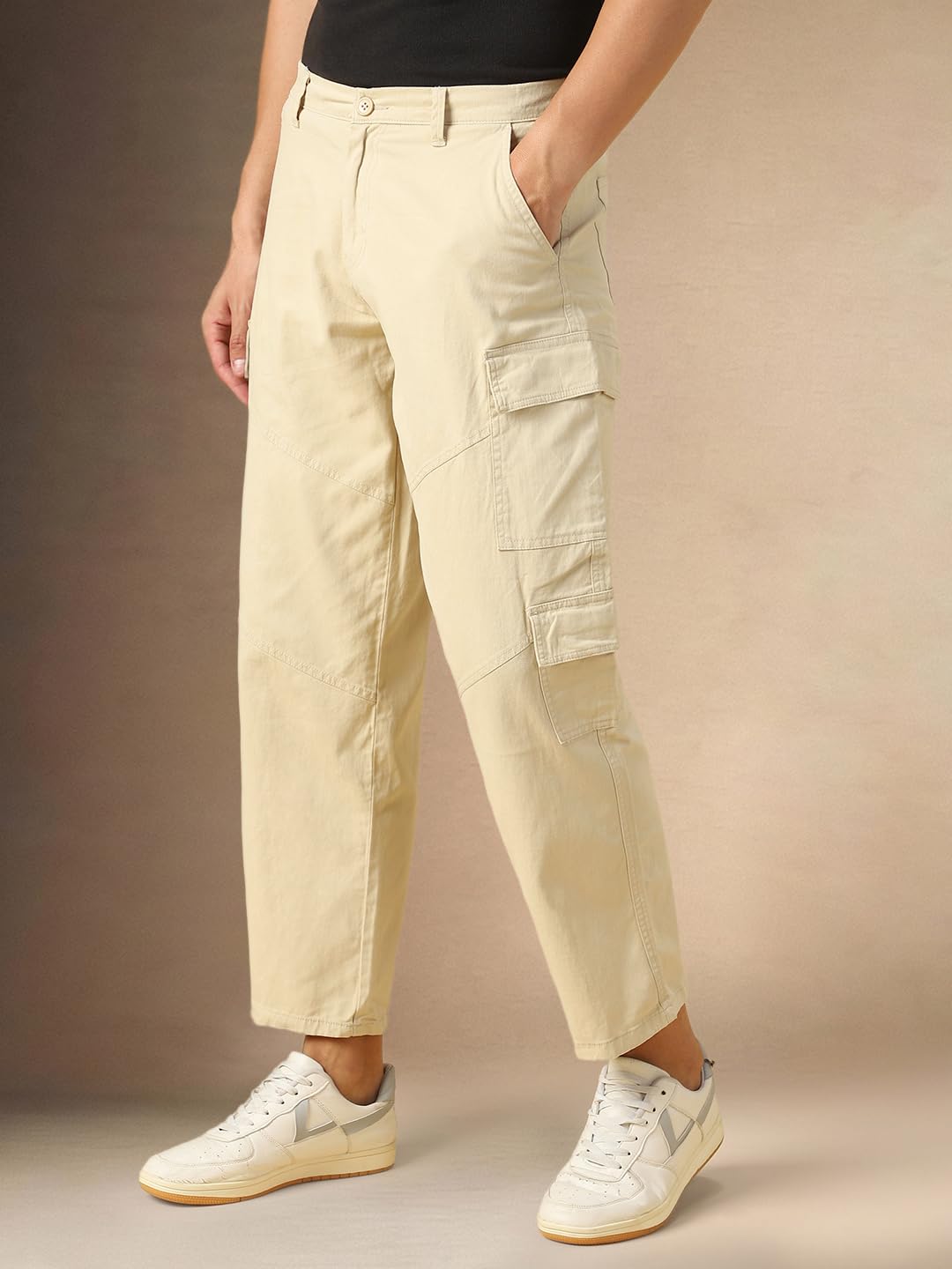 Dennis Lingo Mens Beige Solid Cotton Loose Fit Cargo Trouser