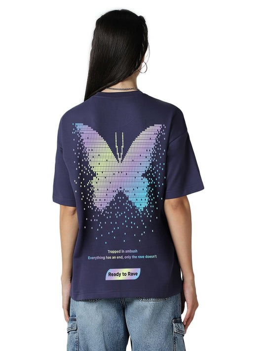 Bewakoof Heavy Duty 1.0 Womens Graphic Print Oversized Fit Half Sleeve Round Neck Terry T-Shirt_637244_Blue_XS