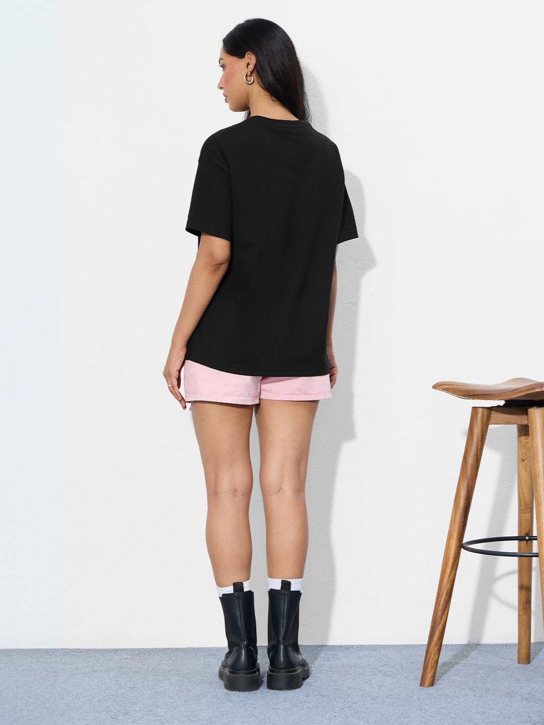 The Souled Store Textured T-Shirt: Find Your Balance Women and Girls Short Sleeves Round Neck Black Embroidered Cotton Relaxed F