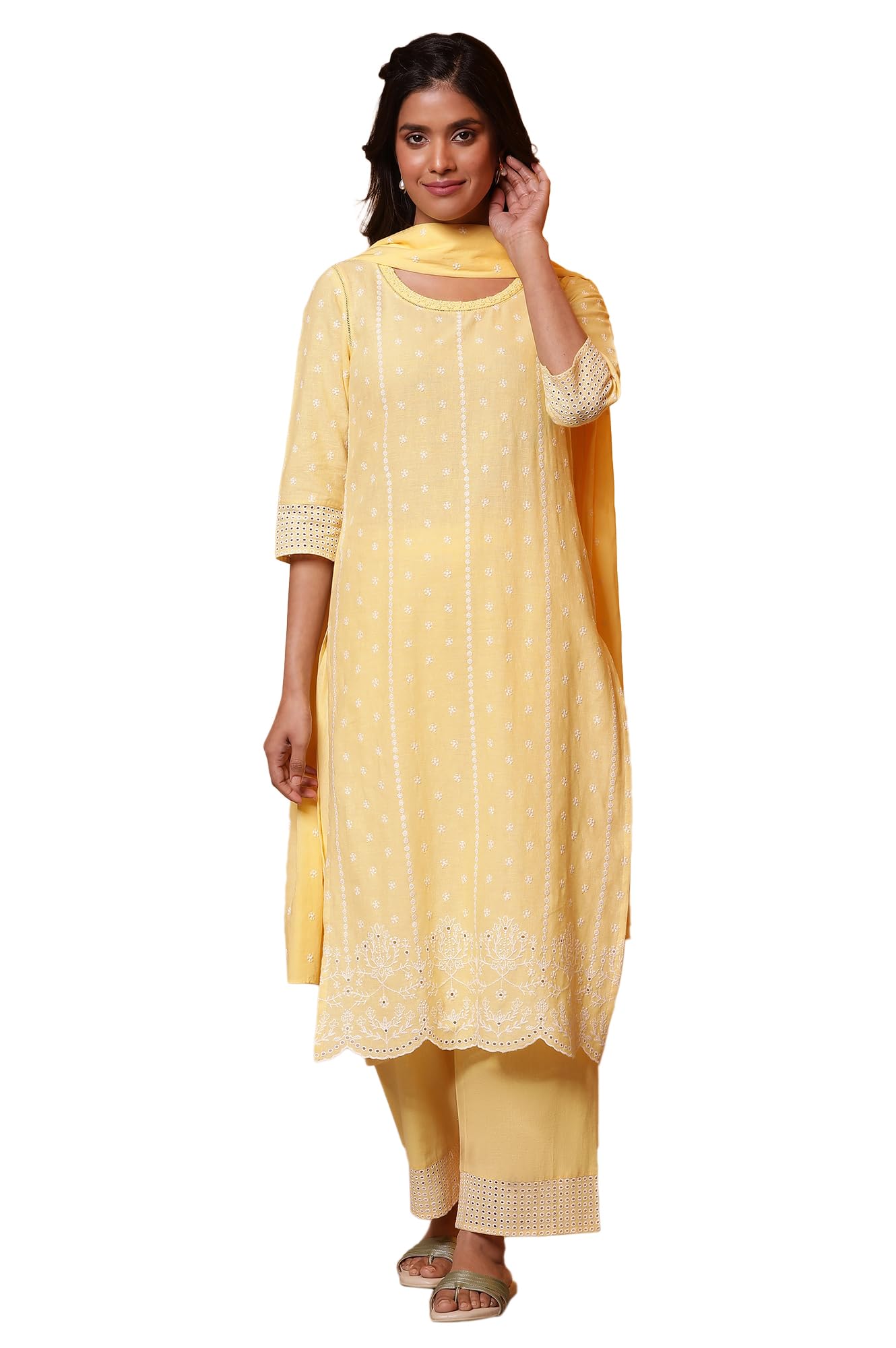 Aurelia Yellow Schiffli Embroidered Kurta, Pants and Dupatta Set (Size: S)-24FEAS14973-E606820