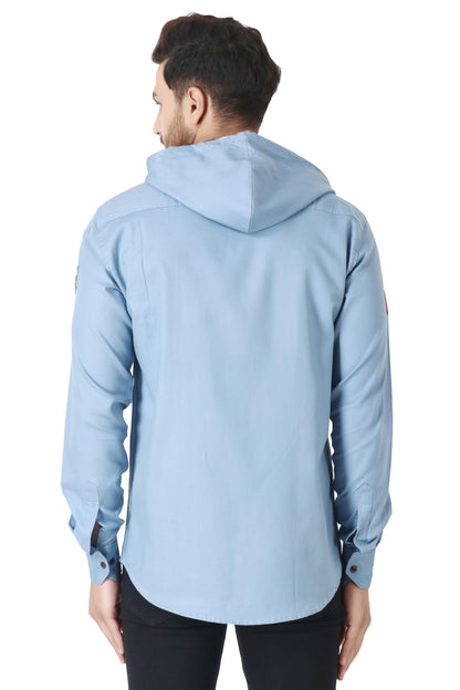 Besix MenS Grey Tailored Fit Cotton Blend Shirt For Man With Hoodie - Casual Long Sleeve Shirt With Pockets - Patch Detail For