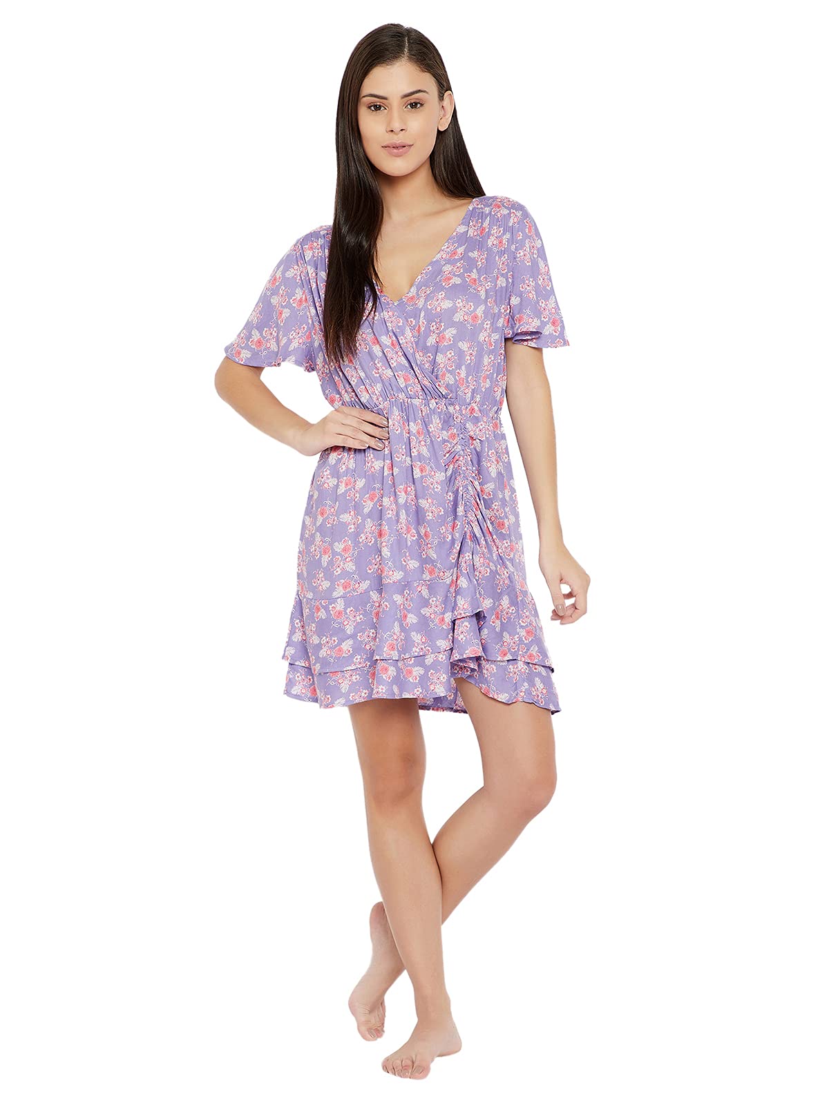 Clovia Womens Rayon Rayon Floral Printed Beachwear Short Dress (RW0052P12_Purple_L)
