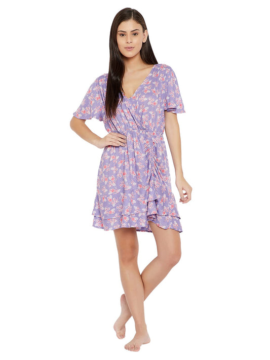 Clovia Womens Rayon Rayon Floral Printed Beachwear Short Dress (RW0052P12_Purple_L)