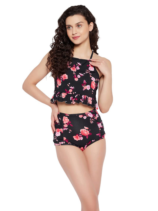 Clovia Womens Floral Print Padded Tankini with High Waist Swim Bottoms (SM0118P13_Black_XXL)